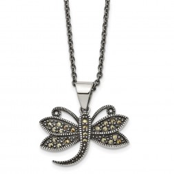 Stainless Steel Antiqued & Polished w/Marcasite Dragonfly 18in Necklace