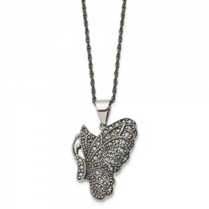 Stainless Steel Antiqued & Polished w/Marcasite Butterfly 20in Necklace