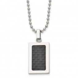 Stainless Steel 22in Polished w/Black Carbon Fiber Inlay Rectangle Necklac