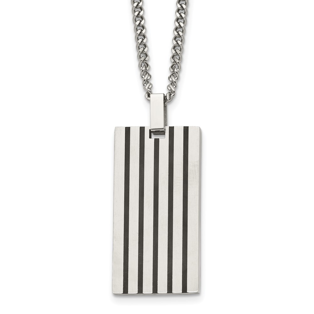 Stainless Steel Brushed w/Black Rubber Inlay Rectangle 22in Necklace