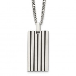 Stainless Steel Brushed w/Black Rubber Inlay Rectangle 22in Necklace