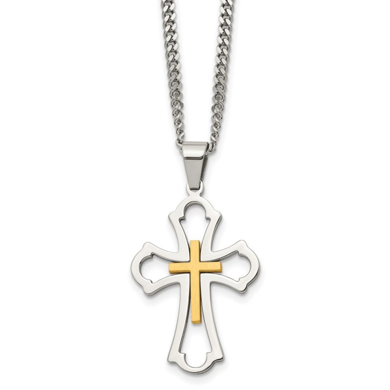 Stainless Steel Brushed & Polished Yellow IP-plated Cross Necklace