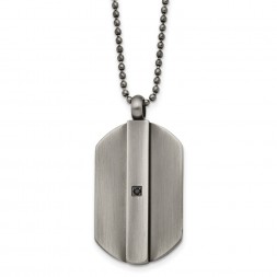 Stainless Steel Antiqued and Brushed w/Black CZ Dog Tag 20in Necklace
