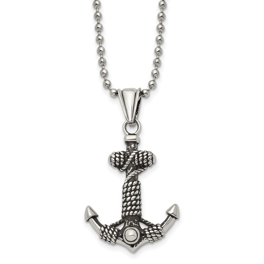 Stainless Steel Antiqued and Polished Anchor 24in Necklace