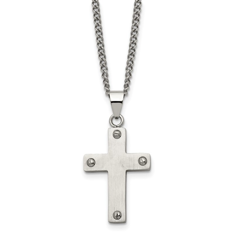 Stainless Steel Brushed Cross 22in Necklace