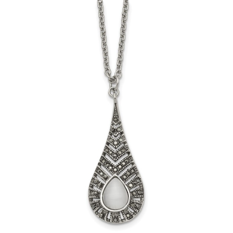 Stainless Steel Polished w/Marcasite and Cat's Eye 18in Necklace