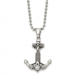 Stainless Steel Antiqued and Polished w/ CZ Anchor 20in Necklace