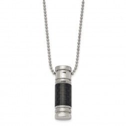 Stainless Steel Polished Cylinder w/Black Carbon Fiber Inlay 22in Necklace