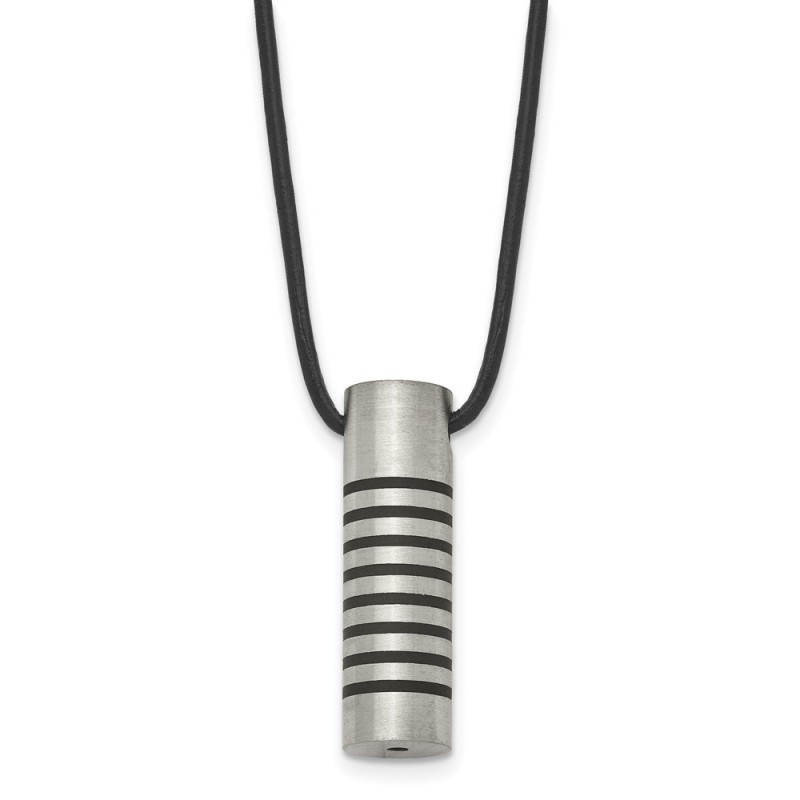 Stainless Steel Cylinder w/ Black Rubber 18in Leather Cord Necklace