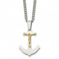 Stainless Steel 24in Polished w/14k Gold Crucifix Anchor Necklace