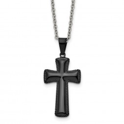 Stainless Steel Polished Black IP-plated Medium Pillow Cross 18in Necklace