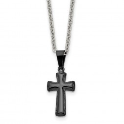 Stainless Steel Polished Black IP-plated Small Pillow Cross 16in Necklace