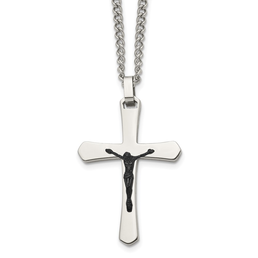 Stainless Steel Polished Black IP-plated Crucifix 24in Necklace