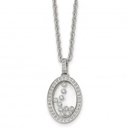 Stainless Steel Polished w/Moving CZ Floating in Glass Oval 18in Necklace