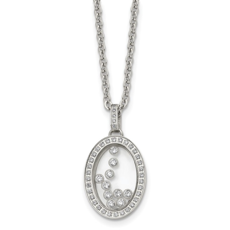 Stainless Steel Polished w/Moving CZ Floating in Glass Oval 18in Necklace