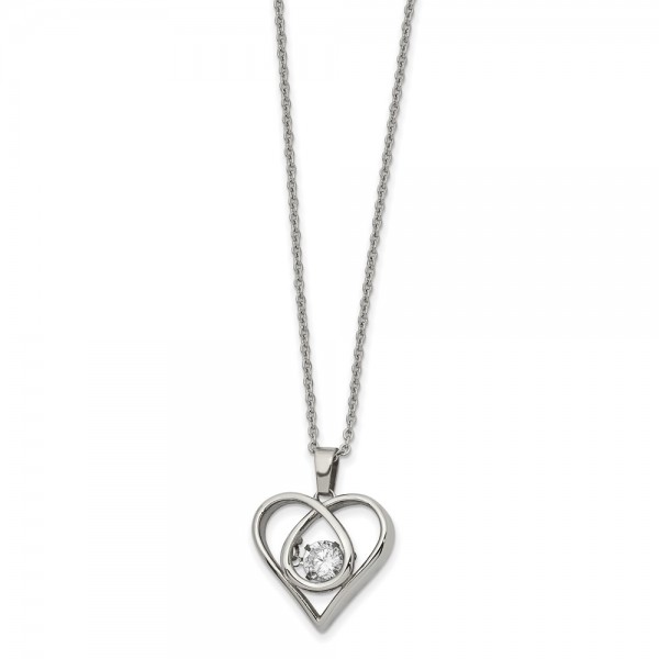 Stainless Steel Polished Vibrant CZ Heart 16in w/2in ext 16in Necklace