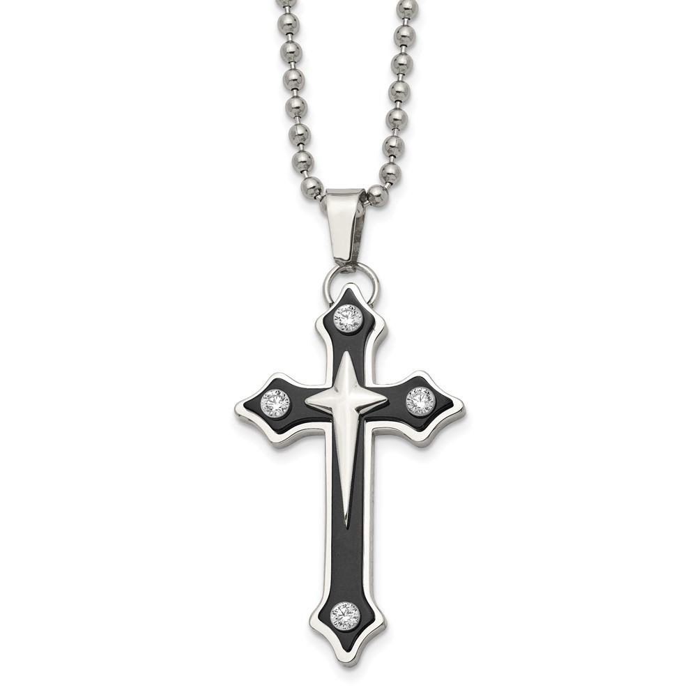 Stainless Steel Polished Black IP-plated w/CZ Cross 20in Necklace