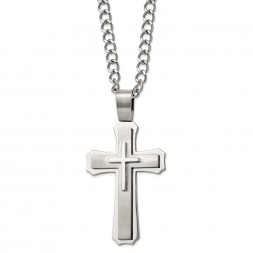 Stainless Steel Brushed and Polished Large Cross 24in Necklace