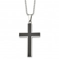 Stainless Steel Polished w/Black Carbon Fiber Inlay Cross 22in Necklace