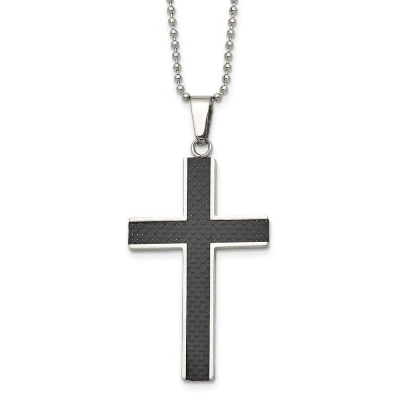 Stainless Steel Polished w/Black Carbon Fiber Inlay Cross 22in Necklace