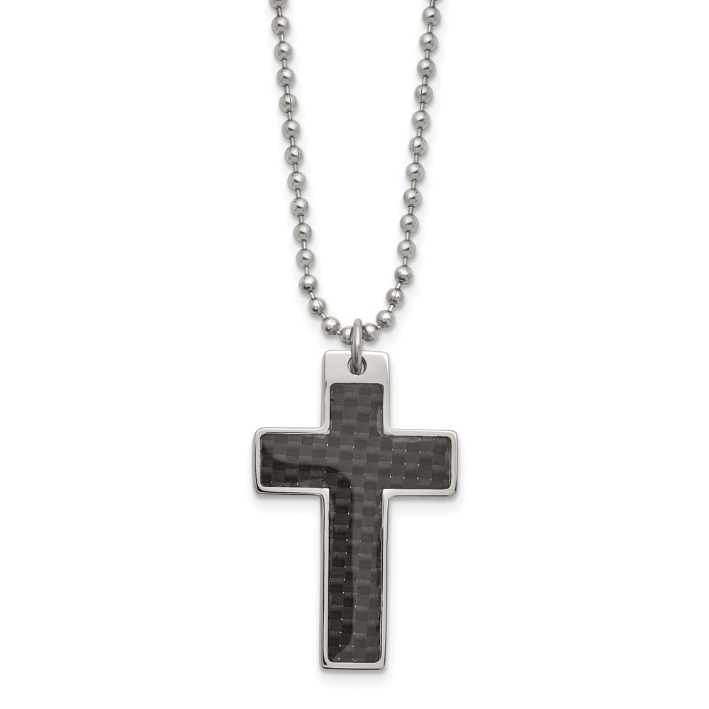 Stainless Steel Polished Black Carbon Fiber Inlay Cross 20in Necklace