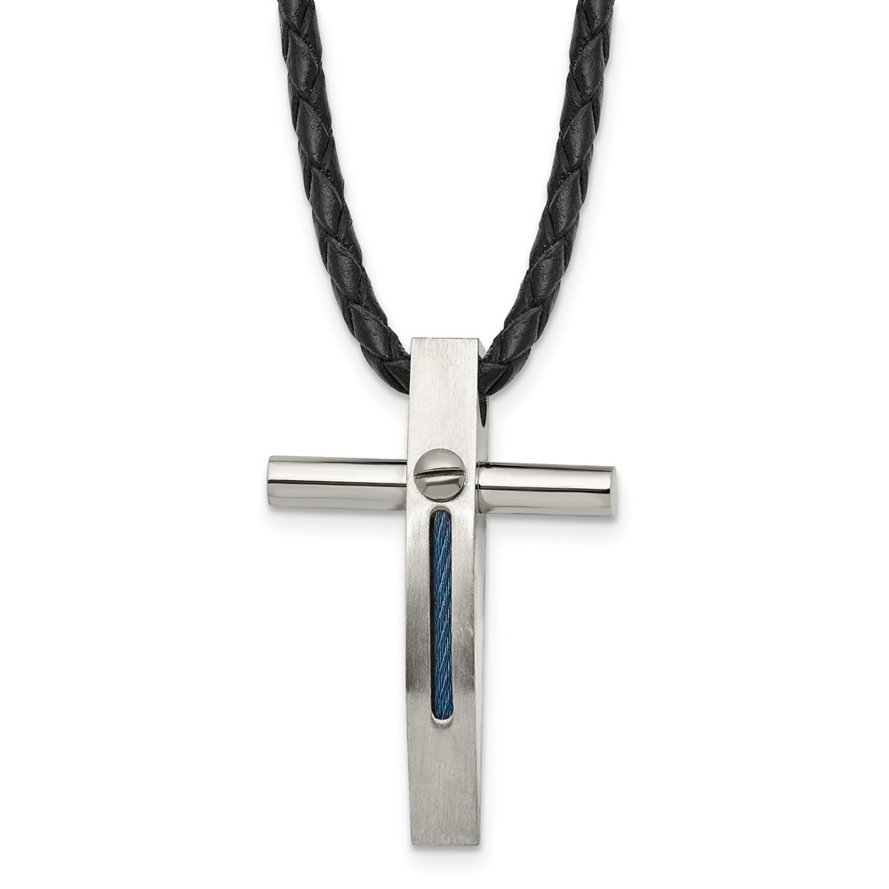 Stainless Steel Brushed & Polished Blue IP Cable Cross 18in Leather Necklac