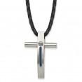 Stainless Steel Brushed & Polished Blue IP Cable Cross 18in Leather Necklac
