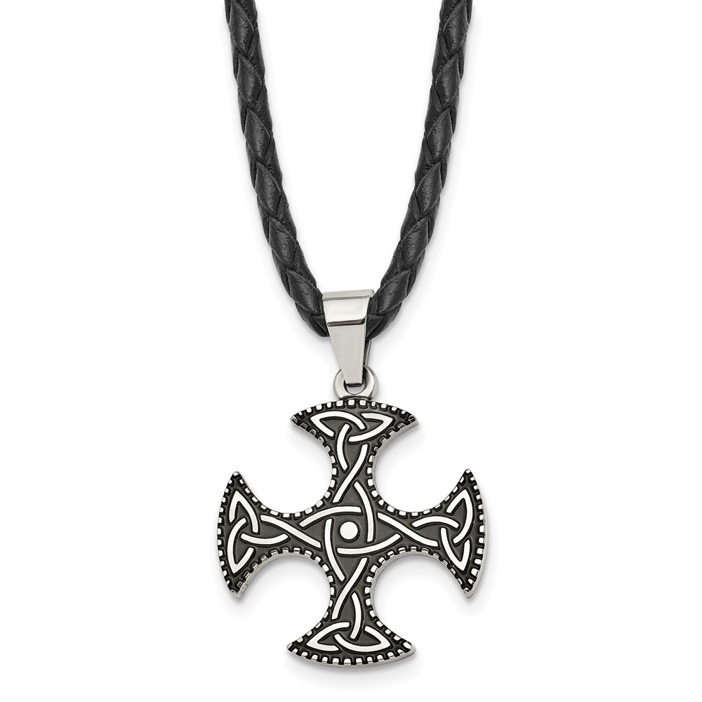 Stainless Steel Polished Enameled Celtic Cross 18in Leather Cord Necklace