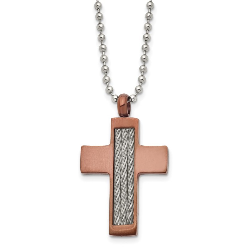 Stainless Steel Brushed Brown IP-plated w/Cable Cross 24in Necklace
