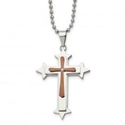 Stainless Steel Polished Brown IP-plated w/Diamond Cross 24in Necklace