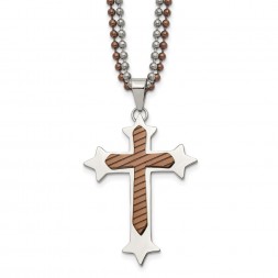 Stainless Steel Polished Brown IP-plated Cross 24in Necklace