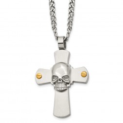 Stainless Steel Brushed & Polished Yellow IP Cross w/Skull 24in Necklace