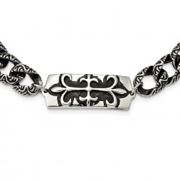 Stainless Steel Antiqued and Polished Fleur de Lis 24in Necklace