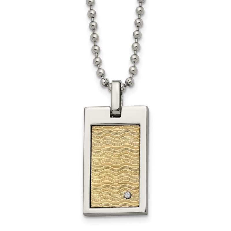 Stainless Steel Brushed & Polished w/18k Gold Accent .01ct. Dia Necklace