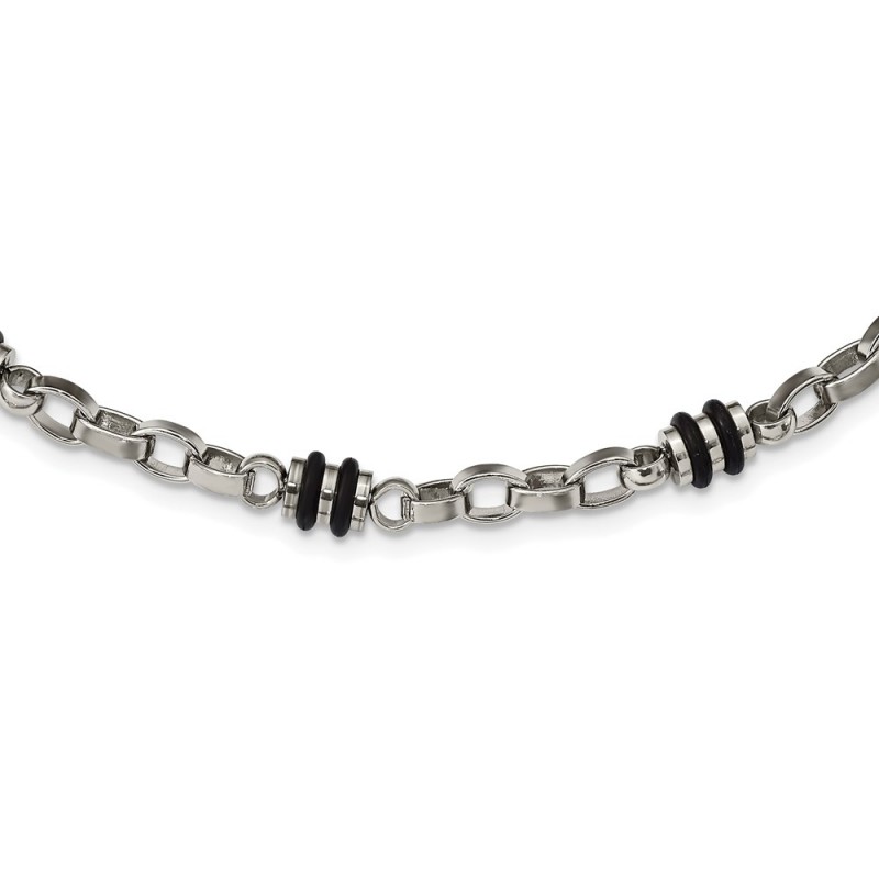 Stainless Steel Polished w/Black Rubber Barrel Link 22in Necklace
