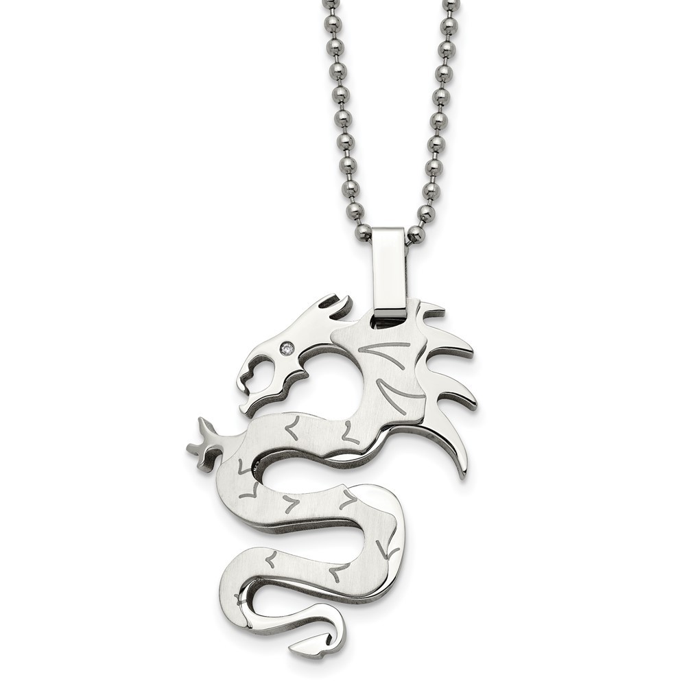 Stainless Steel Brushed and Polished w/CZ Dragon 22in Necklace