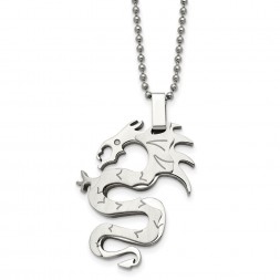 Stainless Steel Brushed and Polished w/CZ Dragon 22in Necklace