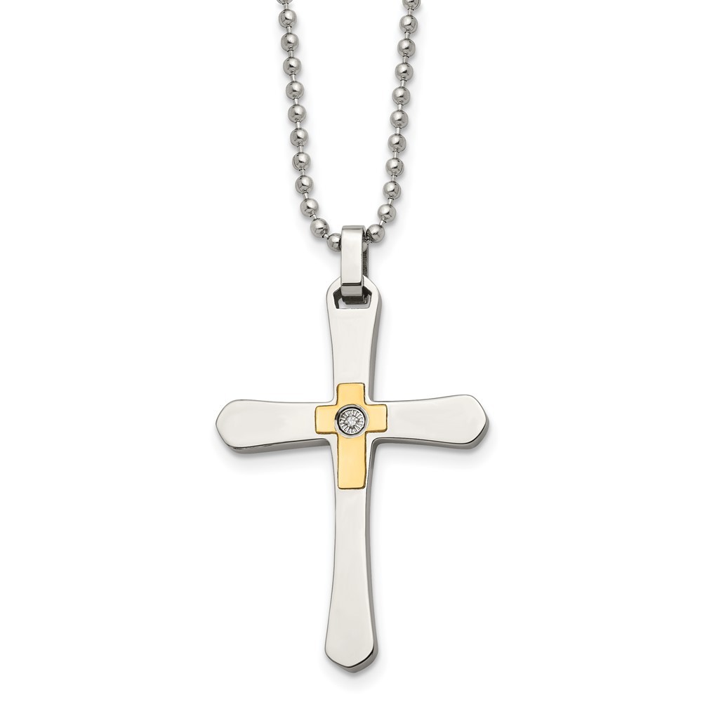 Stainless Steel Polished w/14k Accent 1/2pt Diamond Cross 22in Necklace