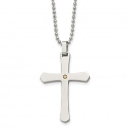 Stainless Steel Polished w/14k Accent .02ct Diamond Cross 22 inch Necklace