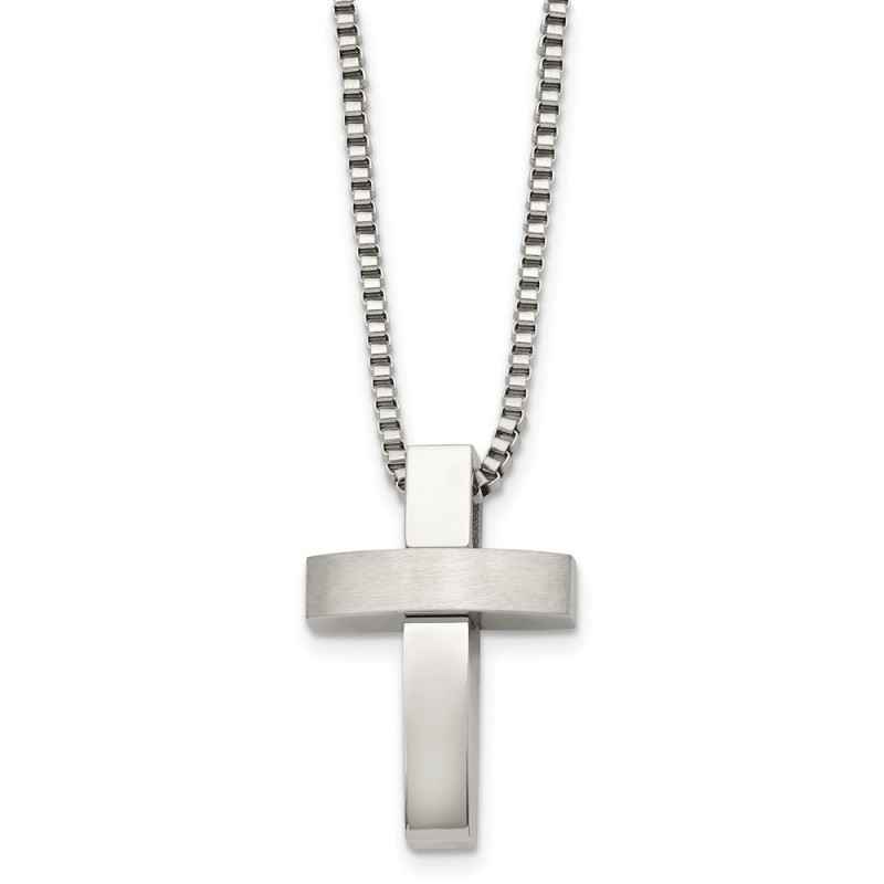 Stainless Steel Brushed and Polished Cross 22in Necklace