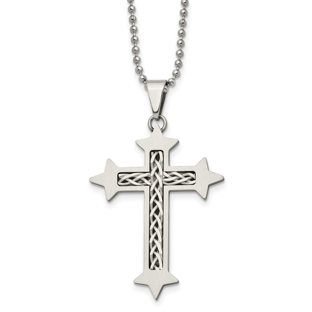 Stainless Steel Brushed w/Sterling Silver Inlay Cross 24in Necklace
