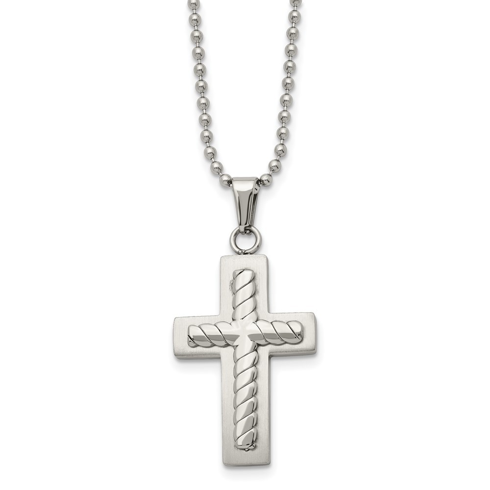 Stainless Steel Brushed and Polished Cross 24in Necklace