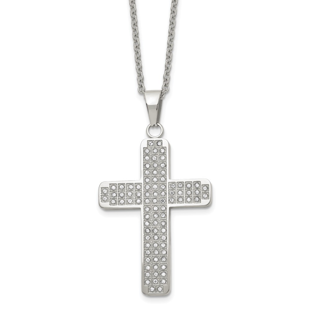 Stainless Steel Polished w/CZ Cross 22in Necklace