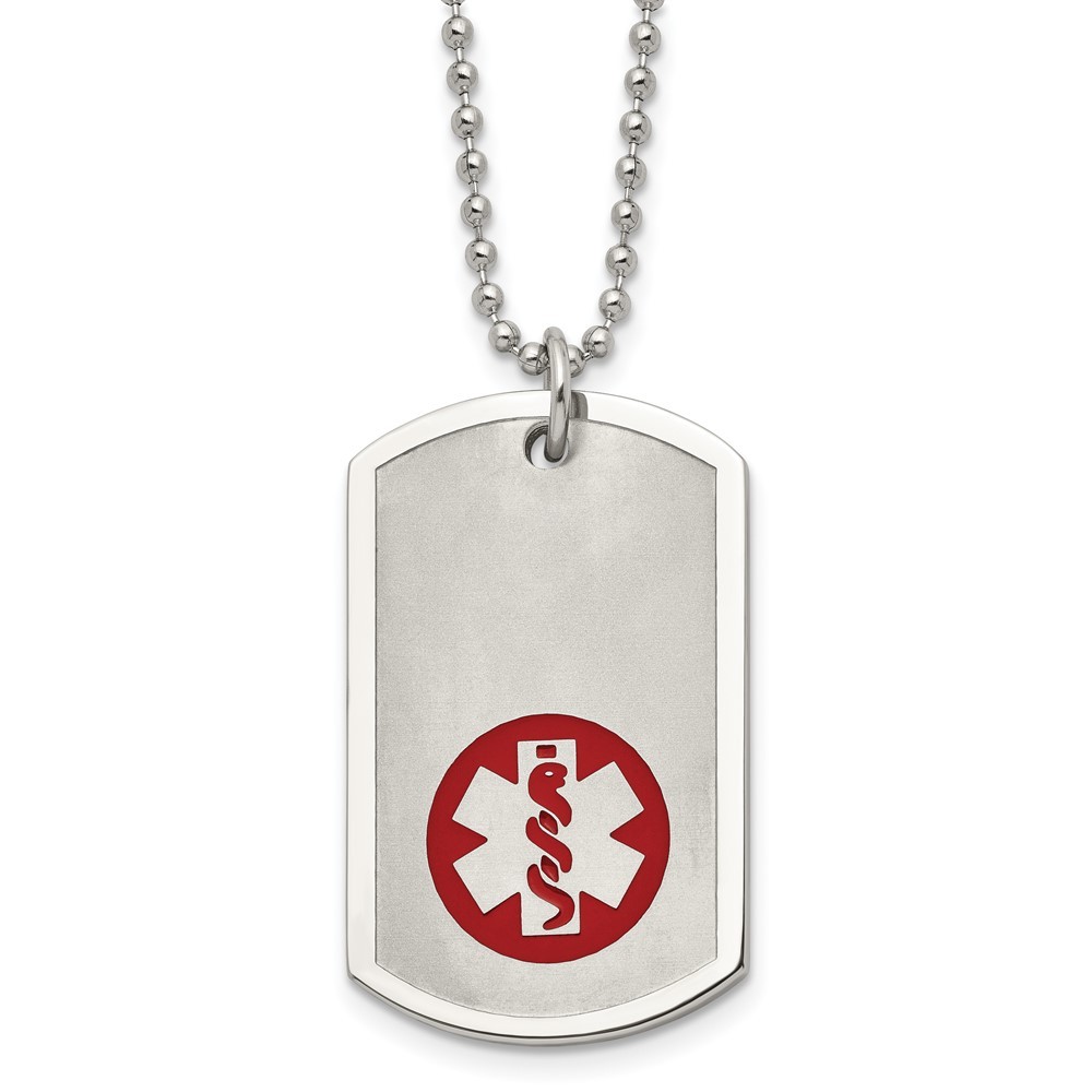 Stainless Steel Brushed & Polished w/Red Enamel Medical ID 22in Necklace