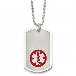 Stainless Steel Brushed & Polished w/Red Enamel Medical ID 22in Necklace