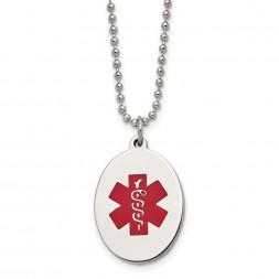 Stainless Steel Polished w/Red Enamel Oval Medical ID 22in Necklace