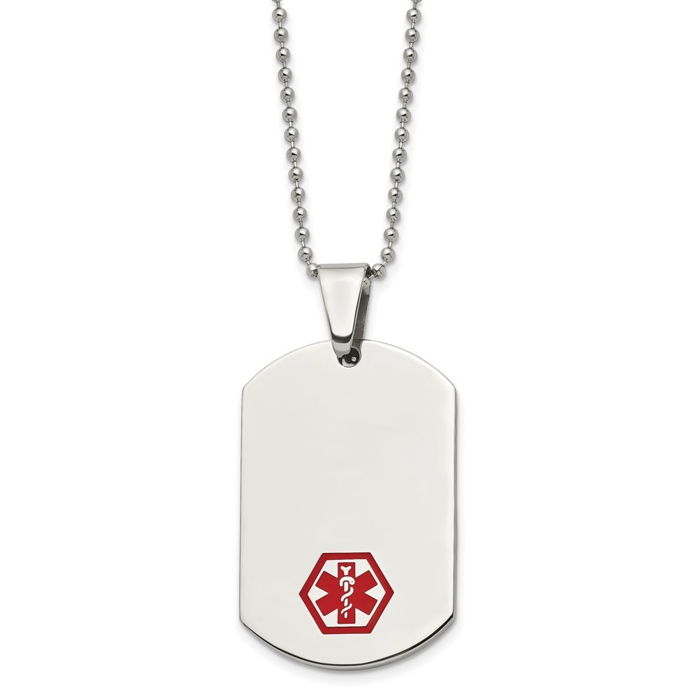 Stainless Steel Polished w/Red Enamel Medical ID 24in Necklace