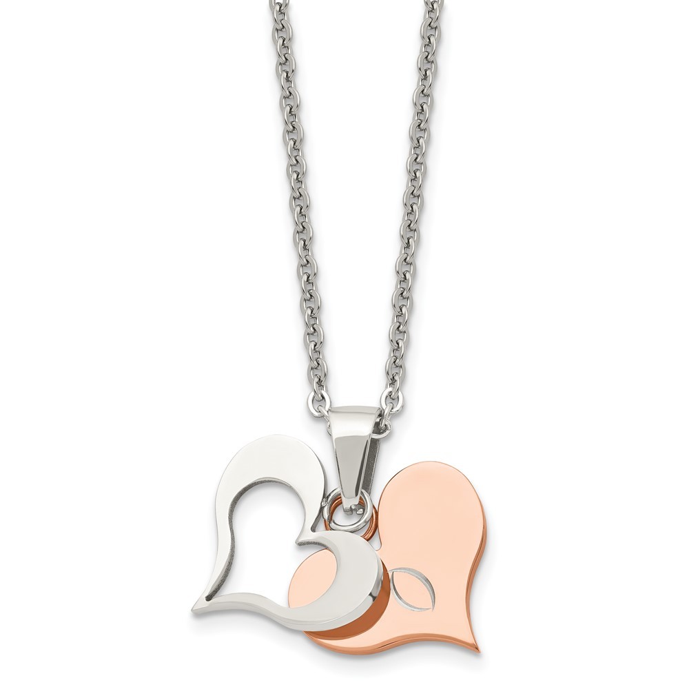 Stainless Steel Polished Rose IP-plated 2 Piece Heart 22in Necklace