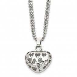 Stainless Steel Polished Puffed Heart w/ Heart Cutouts 22in Necklace