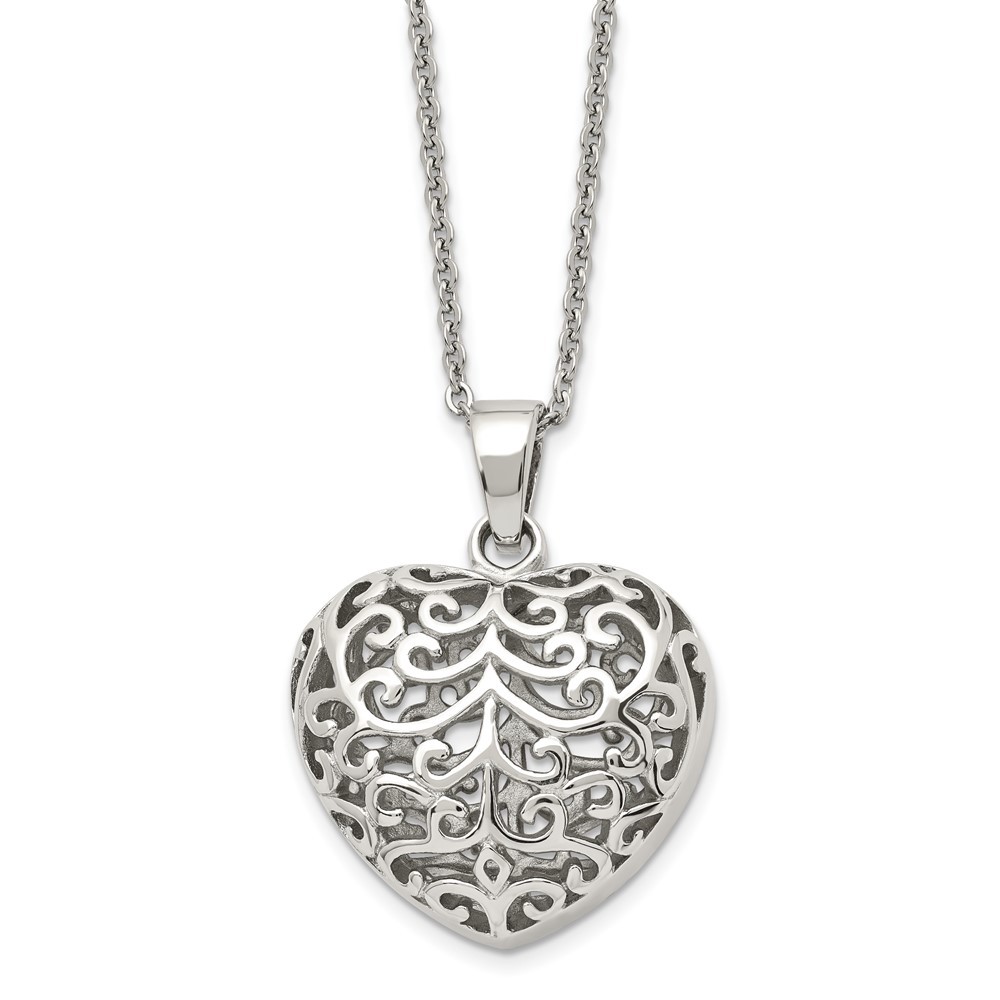 Stainless Steel Polished Filigree Puffed Heart 22in Necklace